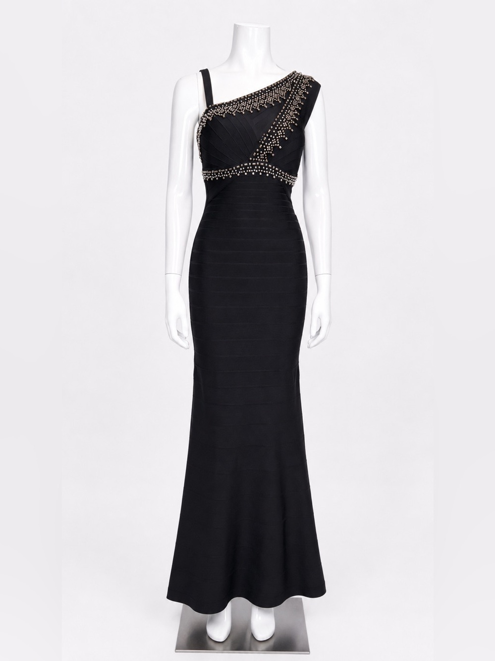 Herve Leger Black One-Shoulder Beaded Evening Gown